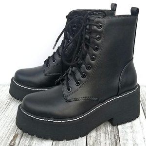 New Women Black Lace Up Platform Combat Ankle Boots